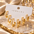 Gold Renk Zirkon Taşlı Pirinç Oval Kare Model Kadın Küpe Seti