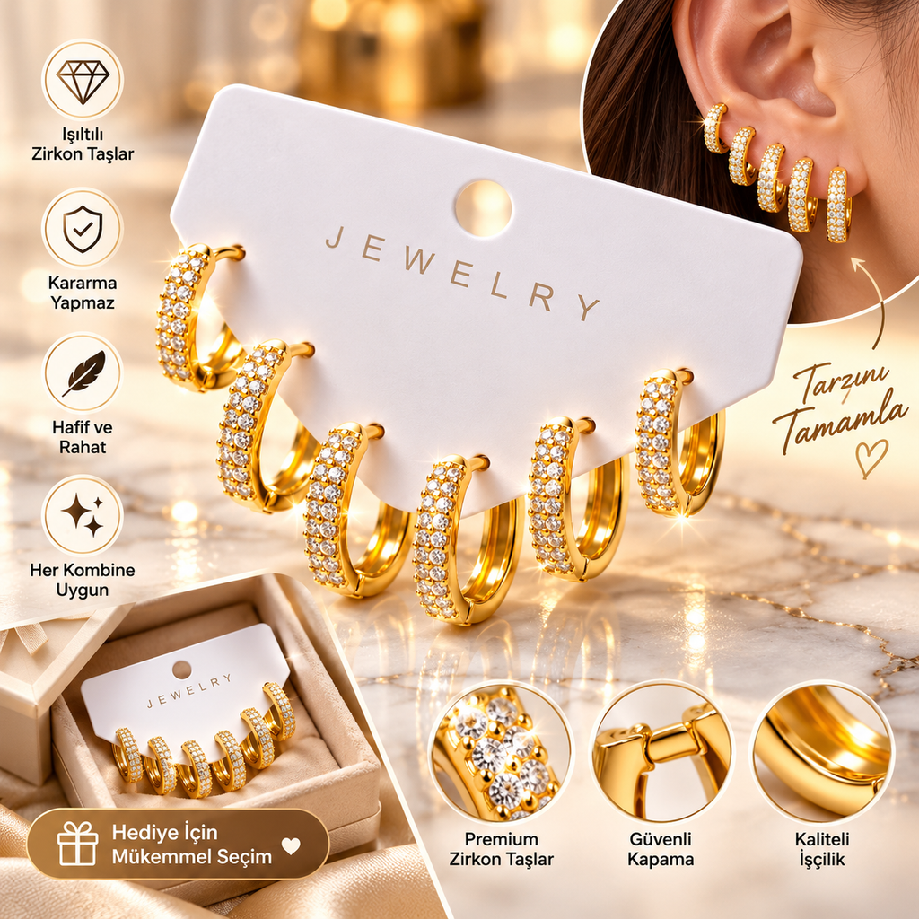 Gold Renk Zirkon Taşlı Pirinç Oval Kare Model Kadın Küpe Seti