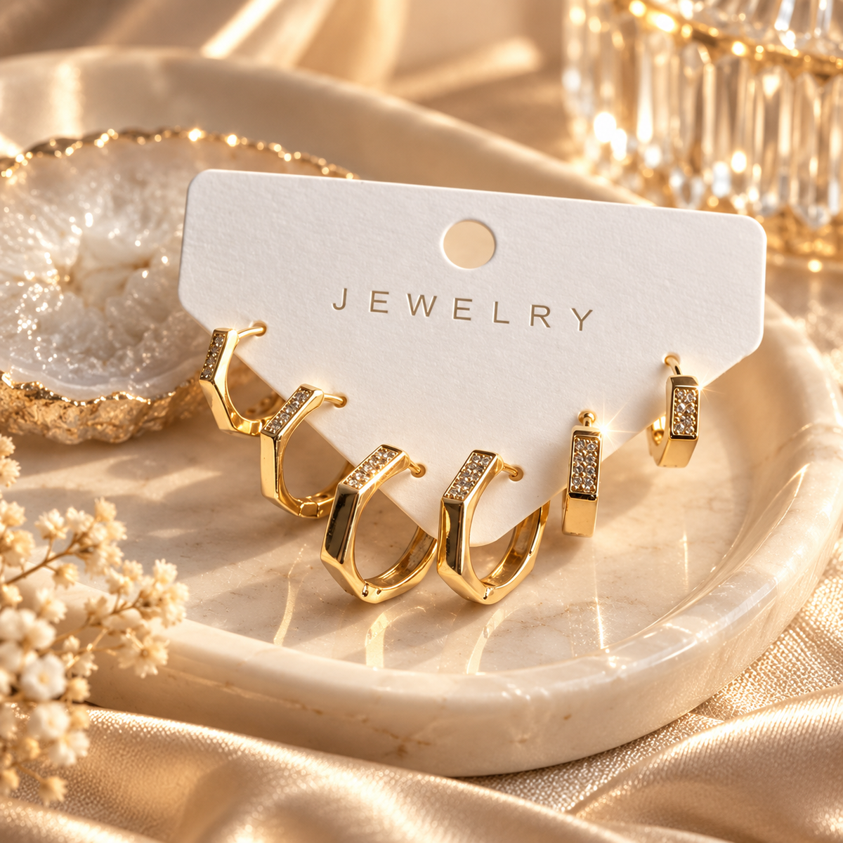 Petek Model Gold Renk Zirkon Taşlı Pirinç Kadın Küpe Seti