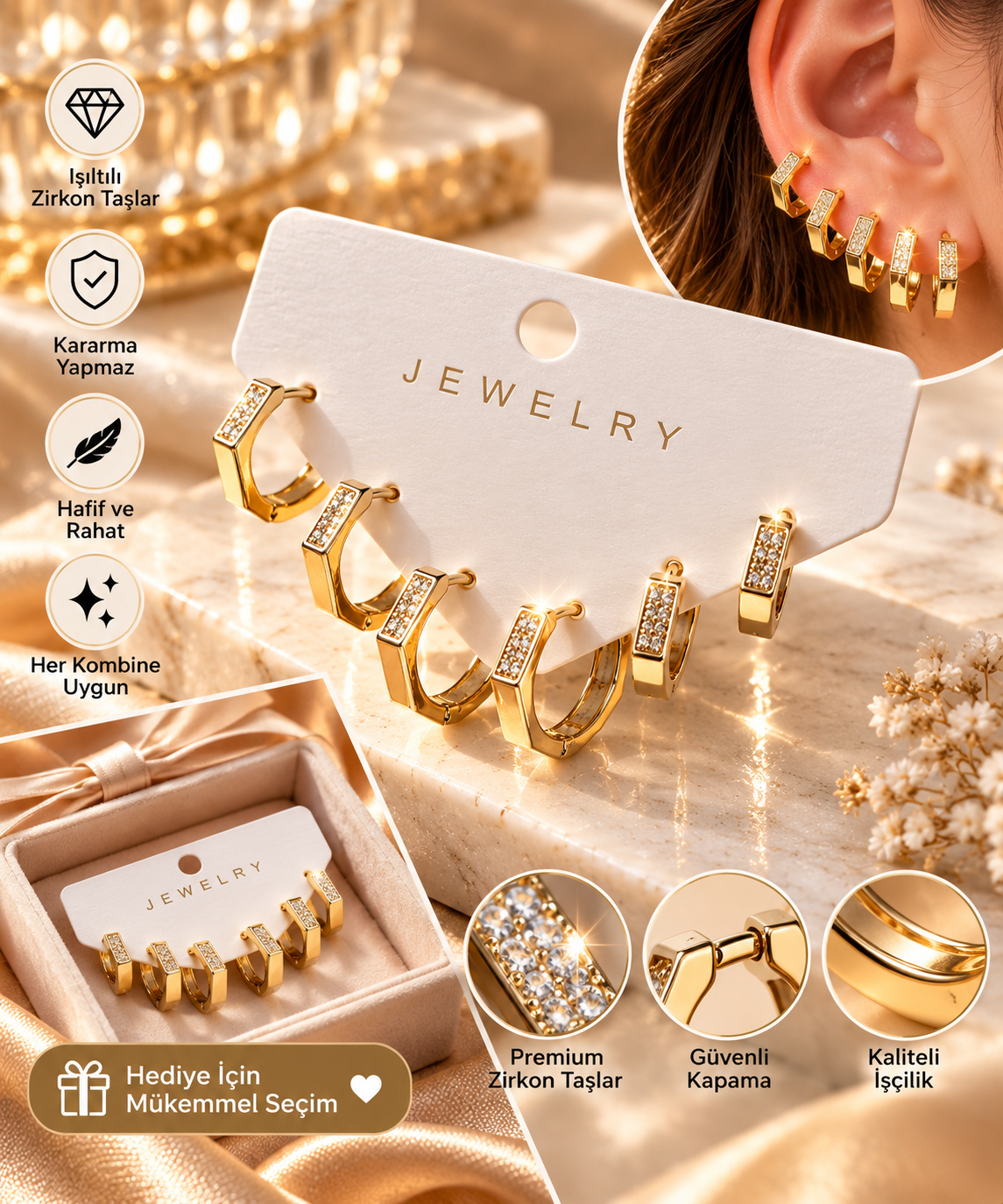 Petek Model Gold Renk Zirkon Taşlı Pirinç Kadın Küpe Seti