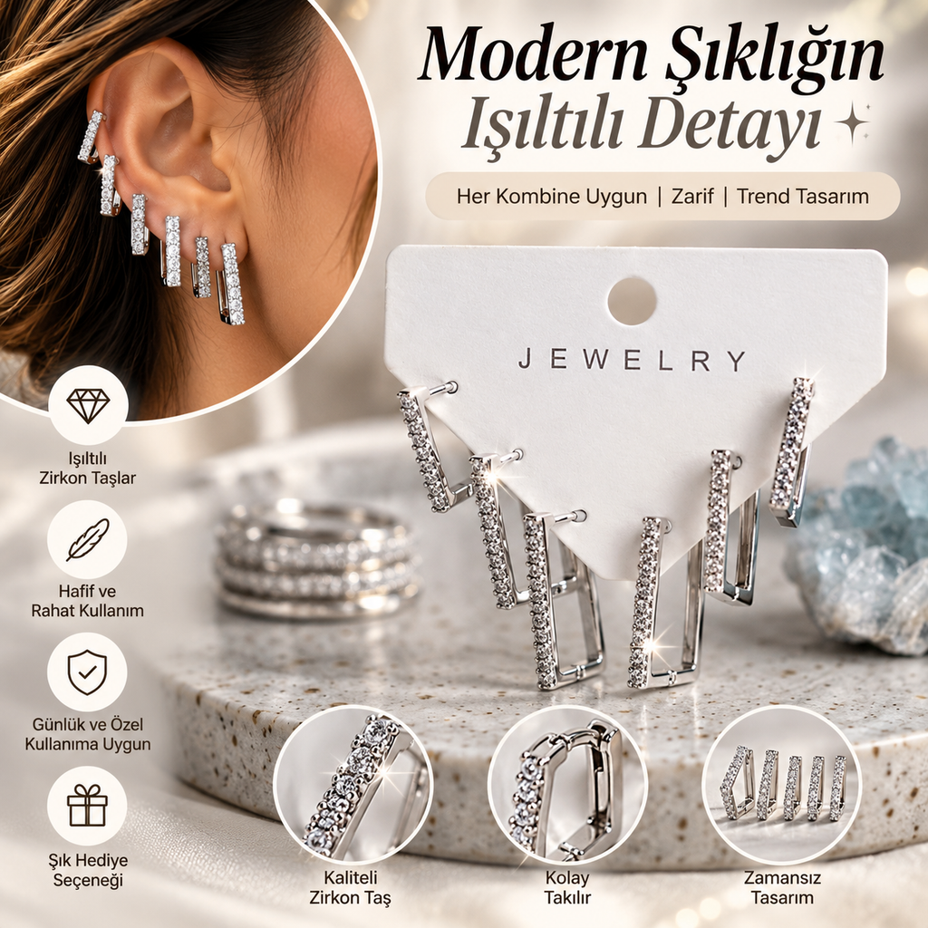 Gümüş Renk Zirkon Taşlı Pirinç Kare Model Kadın Küpe Seti