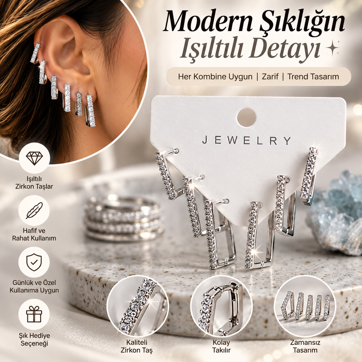 Gümüş Renk Zirkon Taşlı Pirinç Kare Model Kadın Küpe Seti