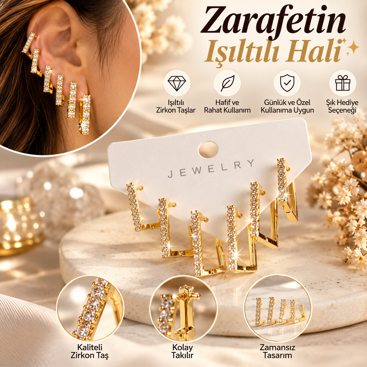 Gold Renk Zirkon Taşlı Pirinç Kare Model Kadın Küpe Seti