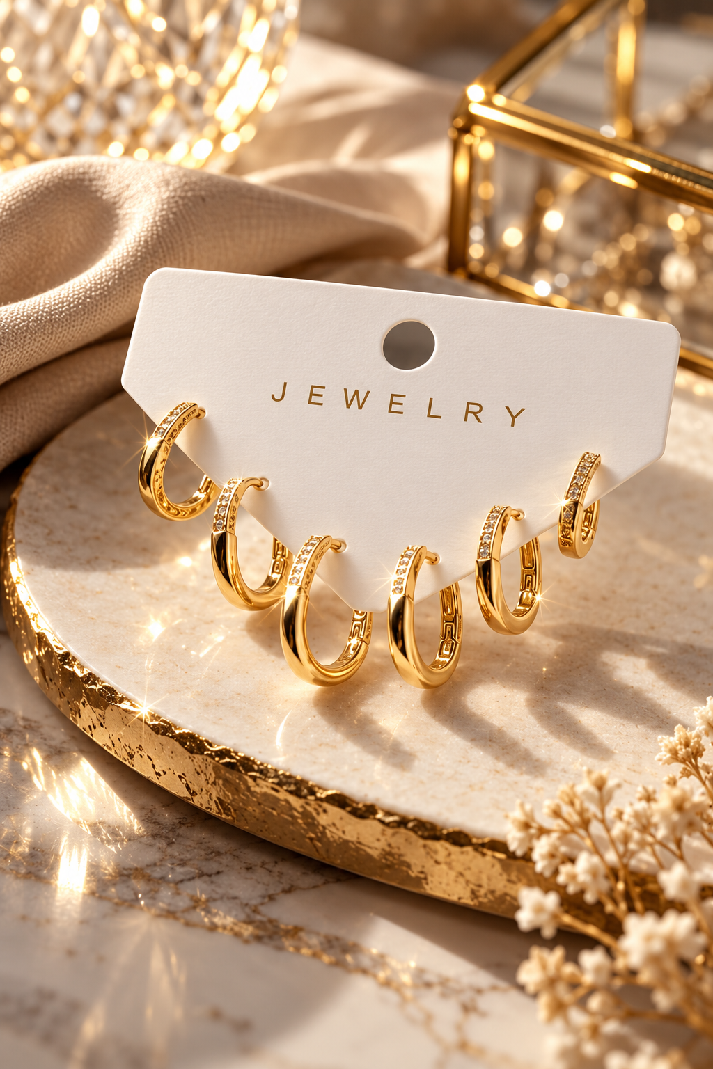 Gold Renk Zirkon Taşlı Pirinç İnce Kare Halka Model Kadın Küpe Seti