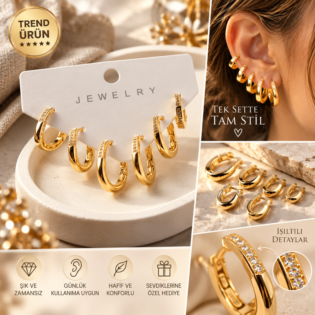 Gold Renk Zirkon Taşlı Pirinç İnce Kare Halka Model Kadın Küpe Seti